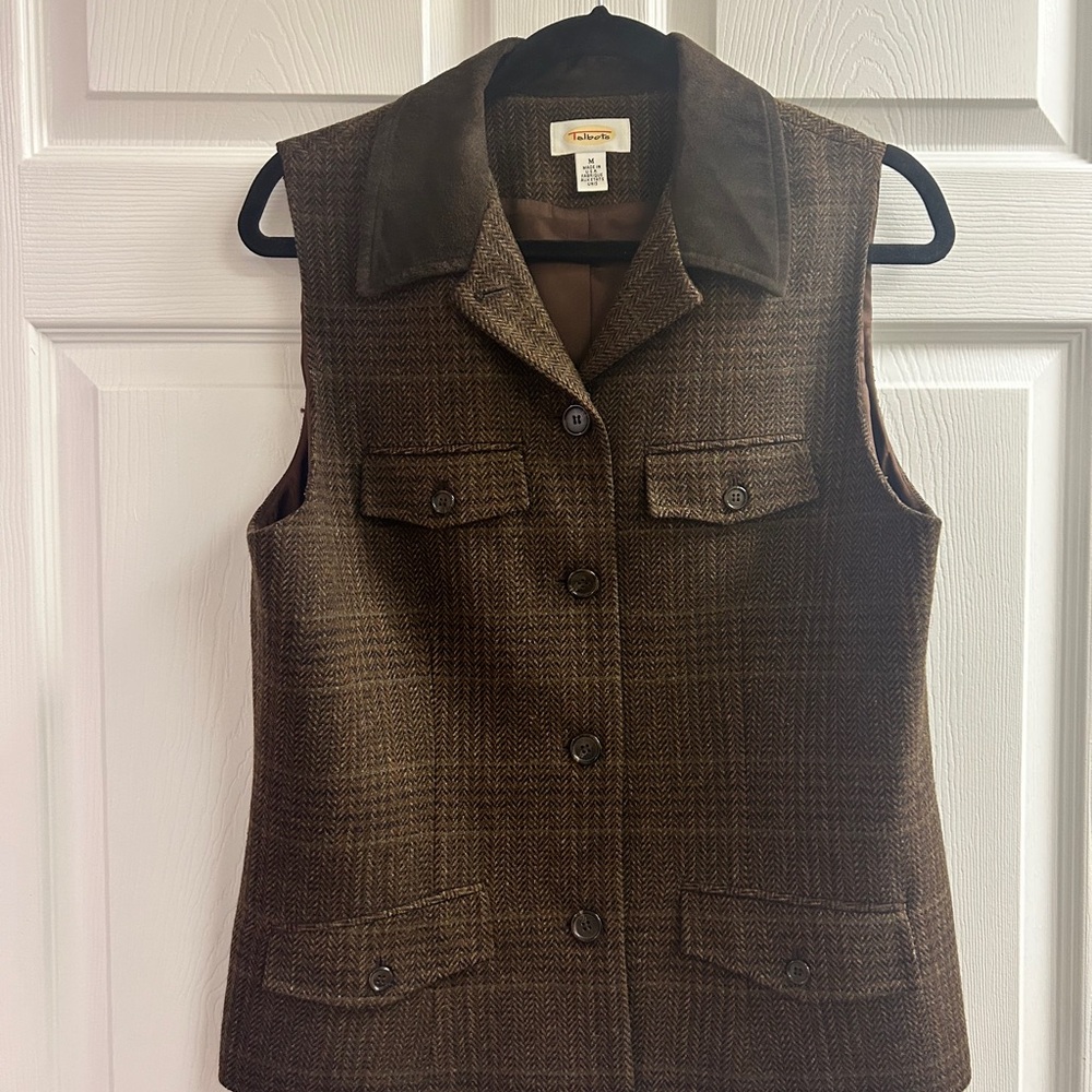 Talbots Brown Tweed Vest With Suede Collar